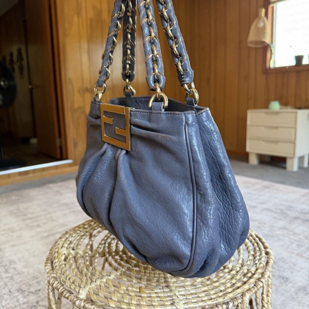 FENDI Crinkled Lambskin Mia Tote Blue Gray Leather Shoulder Handbag Authentic - Picture 2 of 16